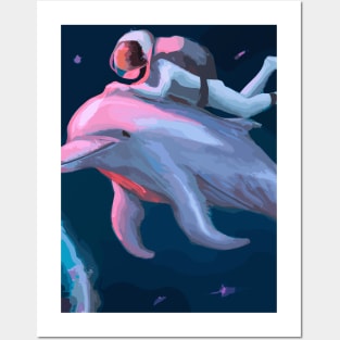 Astronaut riding on a Dolphin in Space Posters and Art